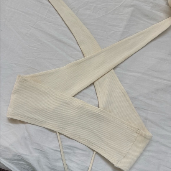 Cream Ribbed Cross-Front Crop Top Peppermayo - Picture 2 of 4